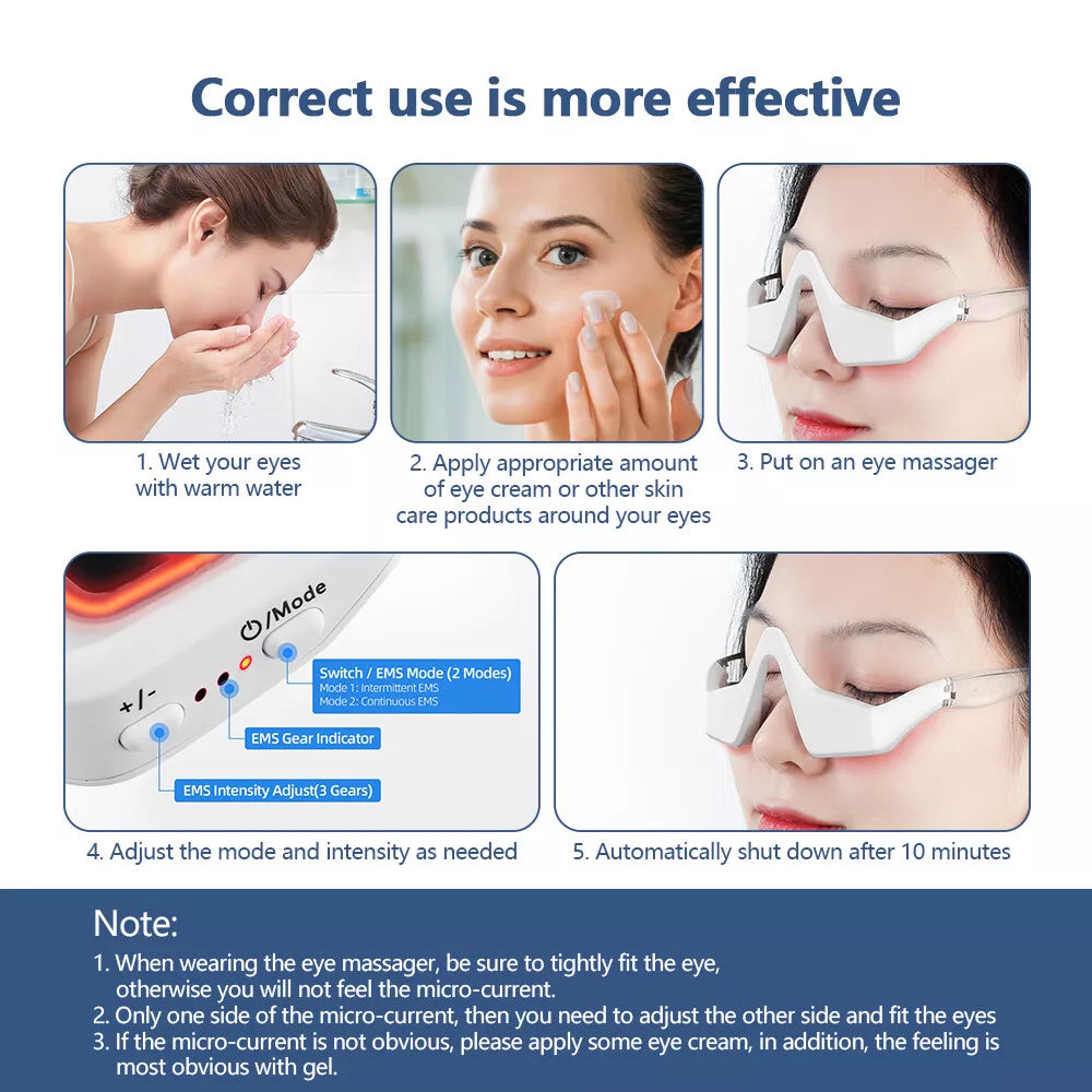 3D Micro-Current Pulse Eye Massager with Red Light - Relieves Dark Circles, Removes Wrinkles, Anti-Ageing